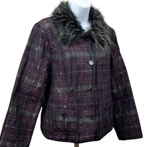 Chico's Holiday faux feather trimmed plaid jacket/blazer size medium